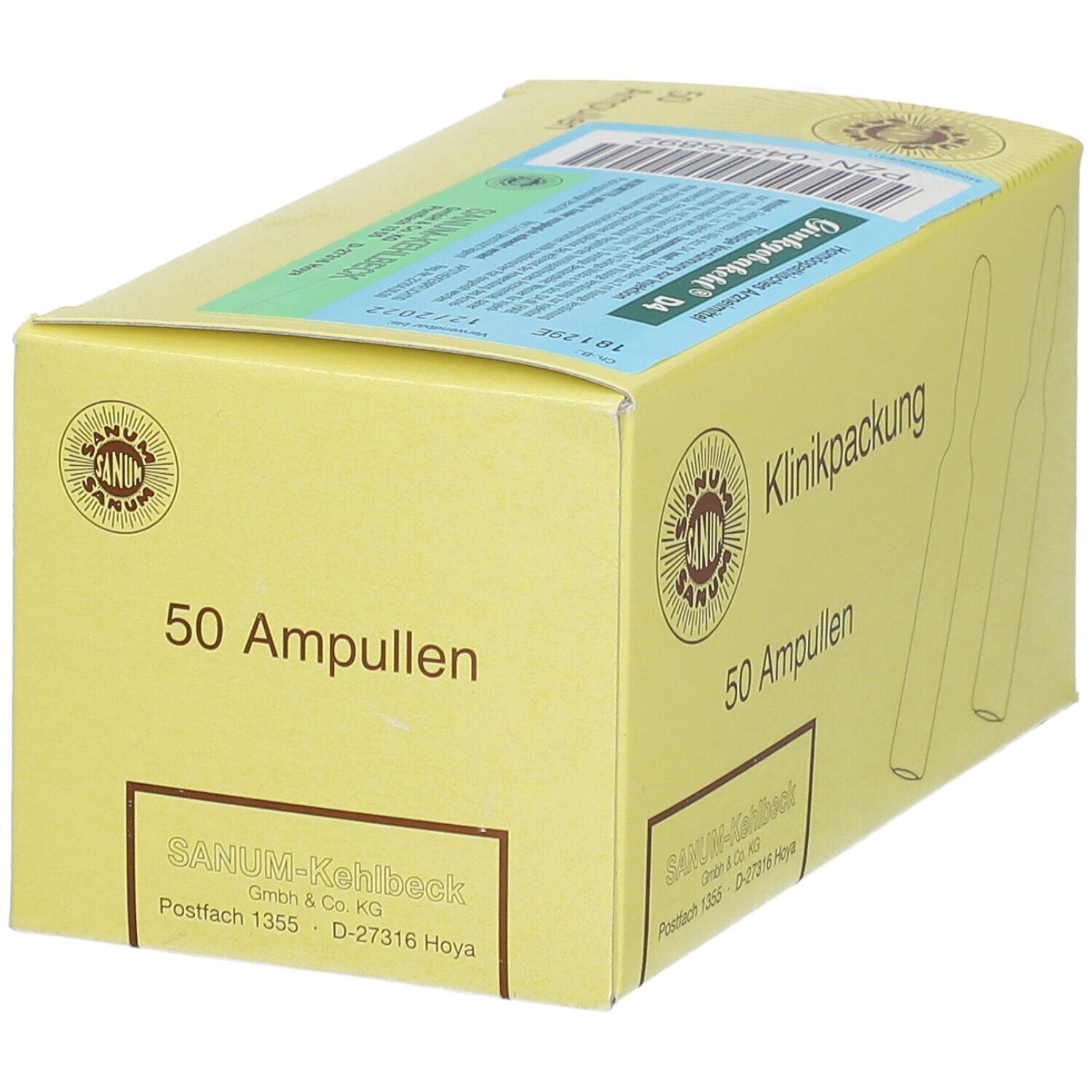 Gelbe Kartonverpackung mit "Klinikpackung" und "50 Ampullen". Logo und Ampullen-Illustrationen. Produktname sichtbar.