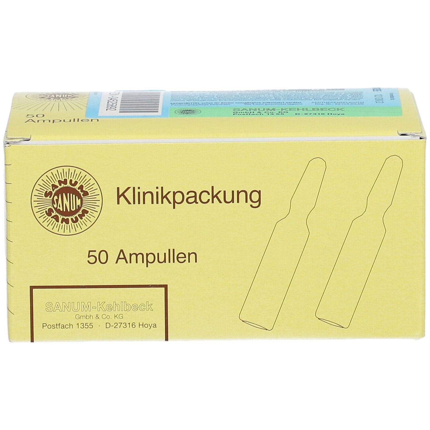 Gelbe Kartonverpackung mit "Klinikpackung" und "50 Ampullen". Logo und Ampullen-Illustrationen.