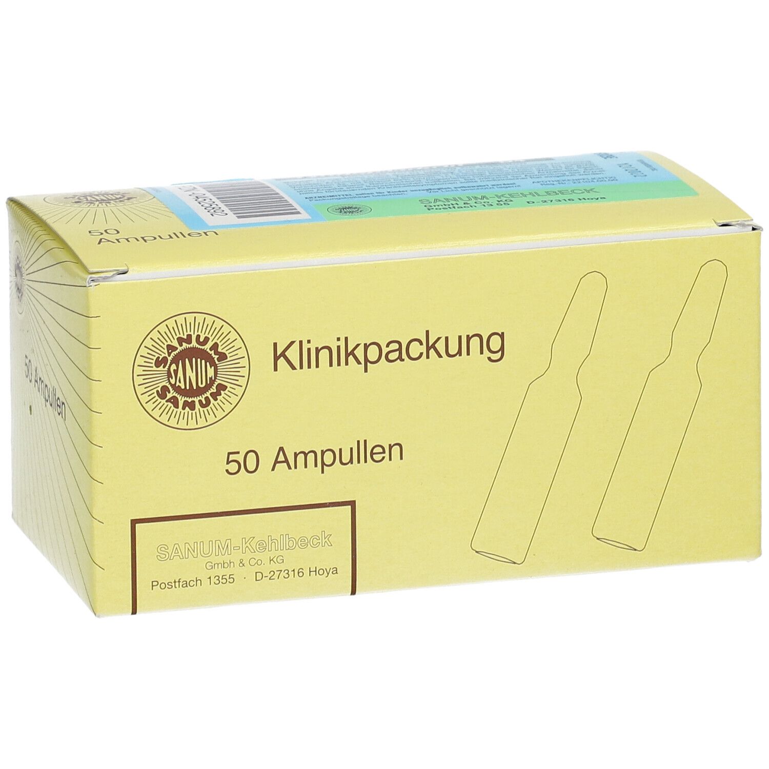 Gelbe Kartonverpackung mit "Klinikpackung" und "50 Ampullen". Logo und Ampullen-Illustrationen.