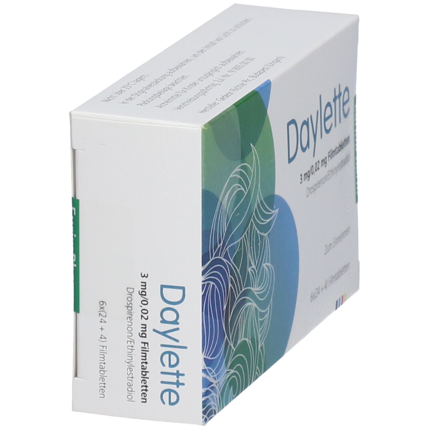 Schräg gestellte "Daylette"-Schachtel. Aufdruck: 3 mg/0,02 mg Filmtabletten. Hersteller: EurimPharm. Blaue und grüne Muster.