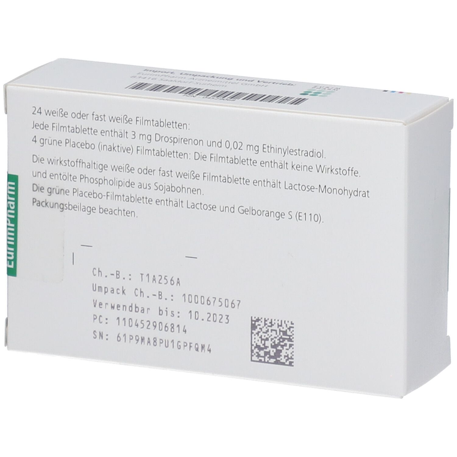 Rückseite der "Daylette"-Schachtel. Textinformationen: Inhaltsstoffe, Chargennummer, Verfallsdatum, Hersteller.