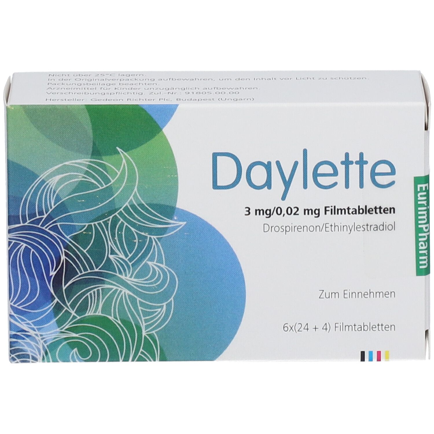 "Daylette"-Schachtel mit 3 mg/0,02 mg Filmtabletten. Hersteller: EurimPharm. Aufdruck: Zum Einnehmen. Blaue und grüne Muster.