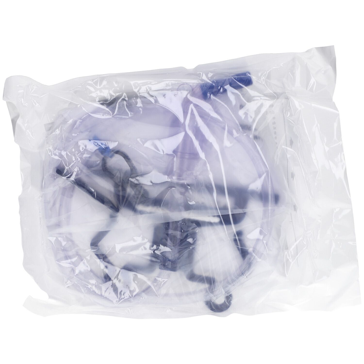 Urinbeutel in transparenter Verpackung. Sichtbar: Schlauch, Auffangbehälter, blaue Elemente.