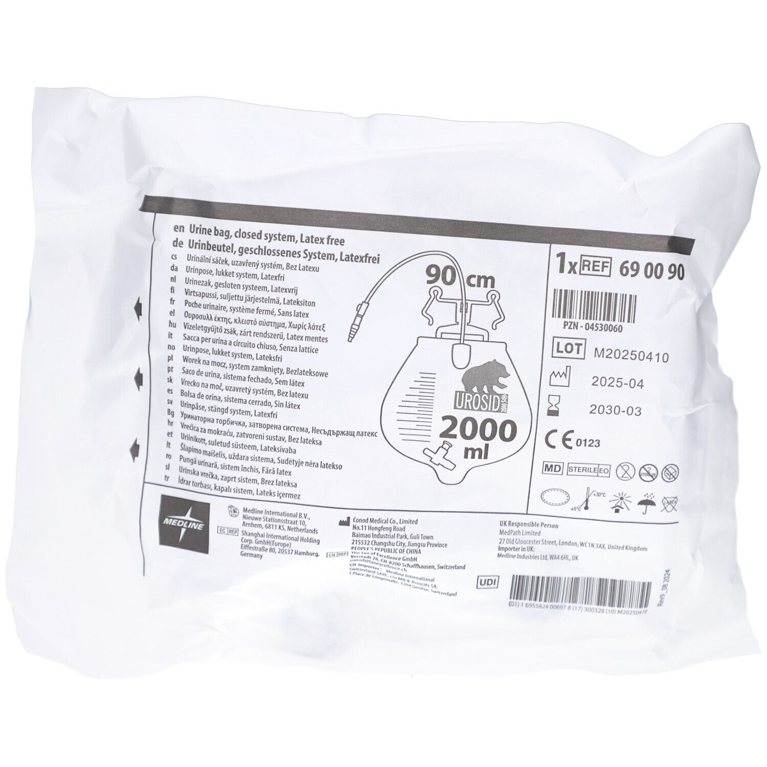 Urinbeutel in Verpackung. Beschriftung: 90 cm, 2000 ml, UROSID, Latexfrei, CE-Kennzeichnung.