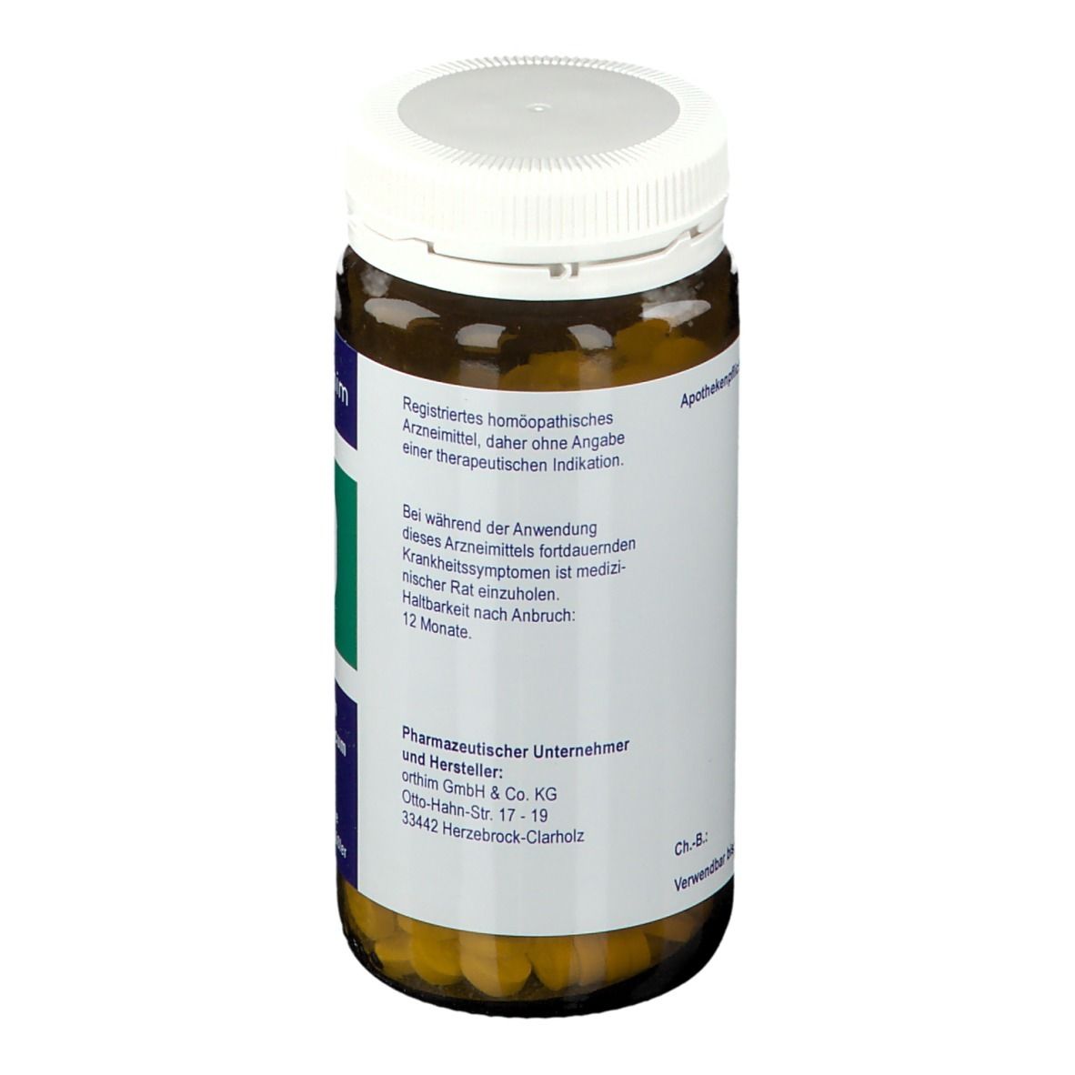 Rückansicht der braunen Glasflasche. Etikett mit Text, u.a. "Registriertes homöopathisches Arzneimittel".