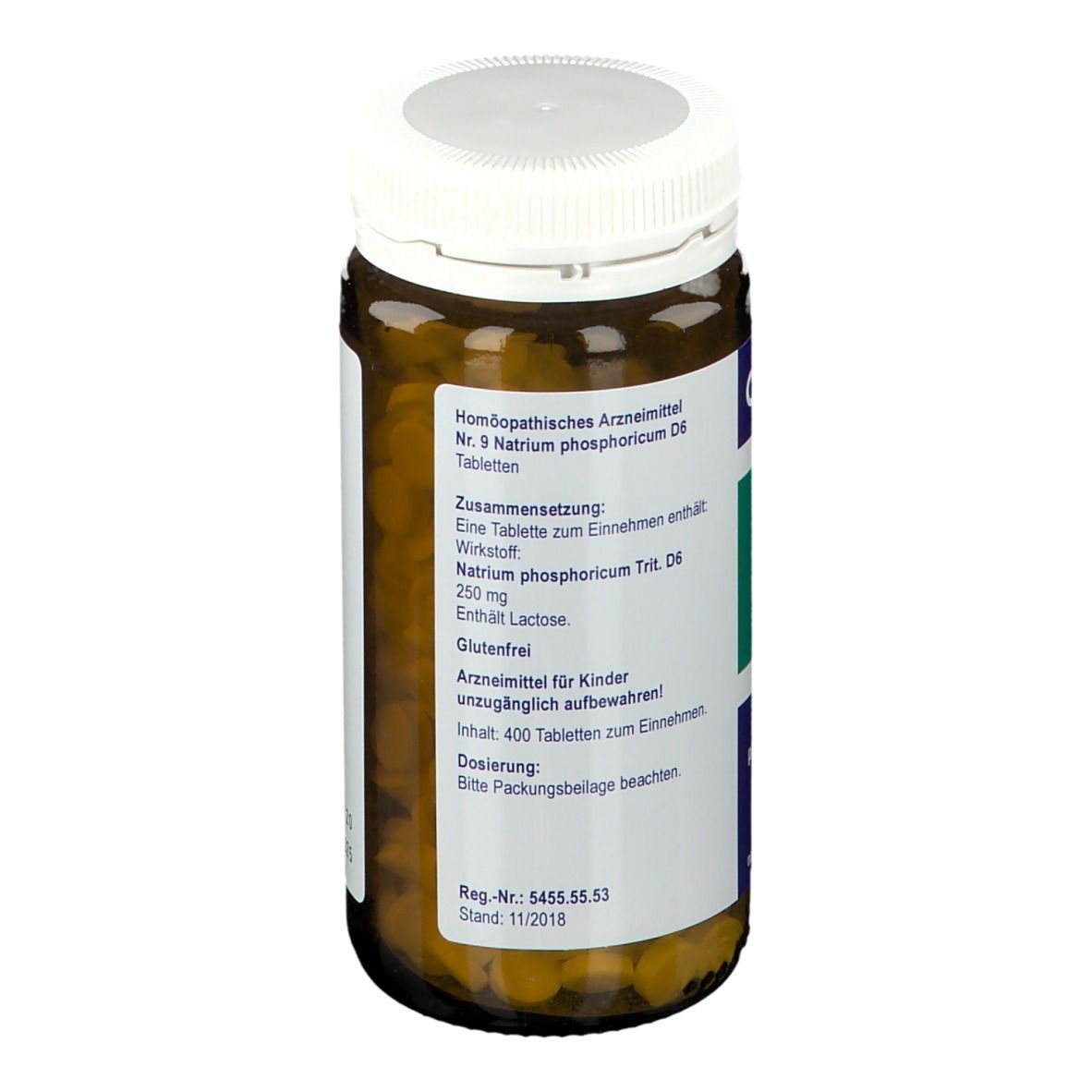 Rückansicht der braunen Glasflasche. Etikett mit Inhaltsangaben und "400 Tabletten".