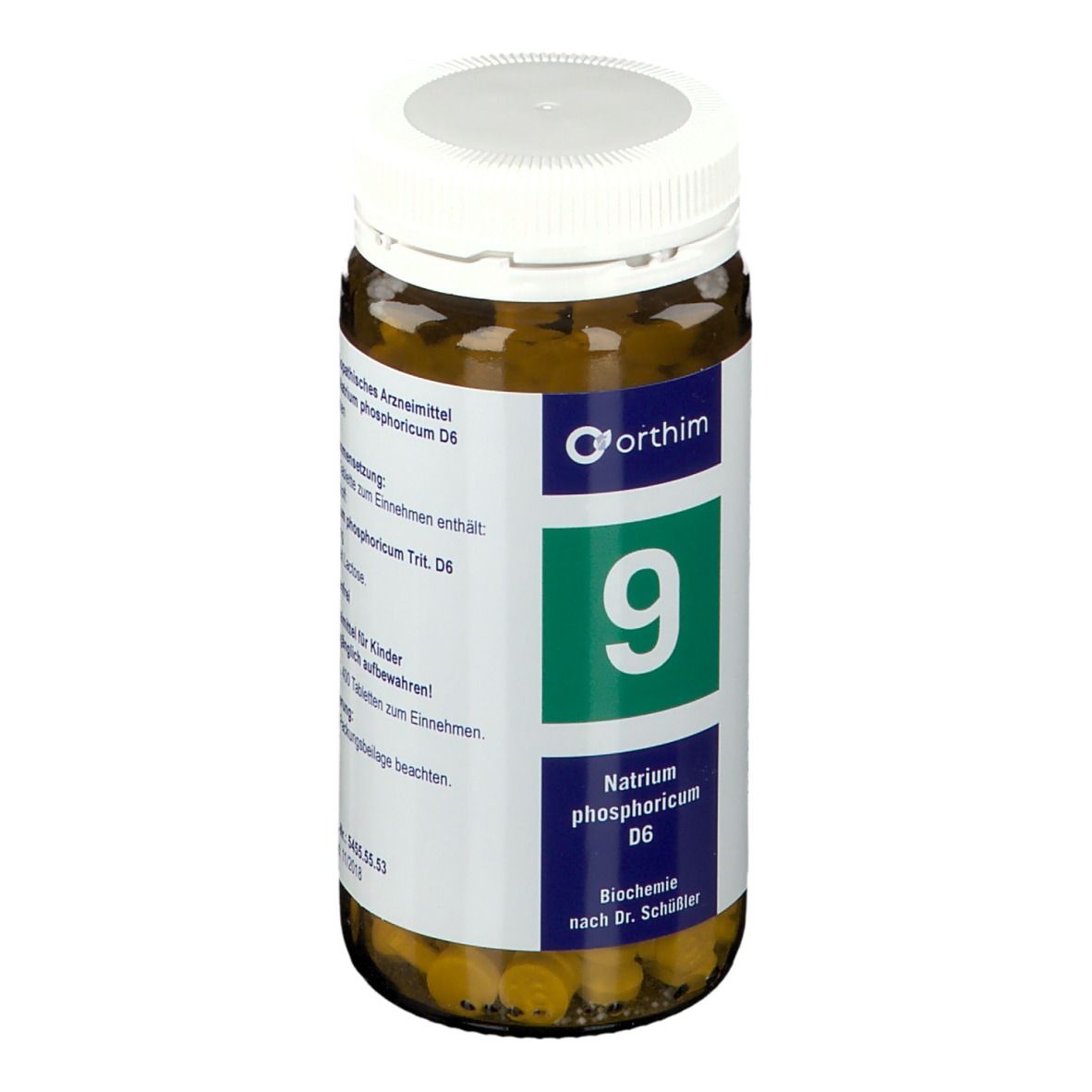 Braune Glasflasche mit weißem Deckel. Etikett mit grünem "9" und "Natrium phosphoricum D6".