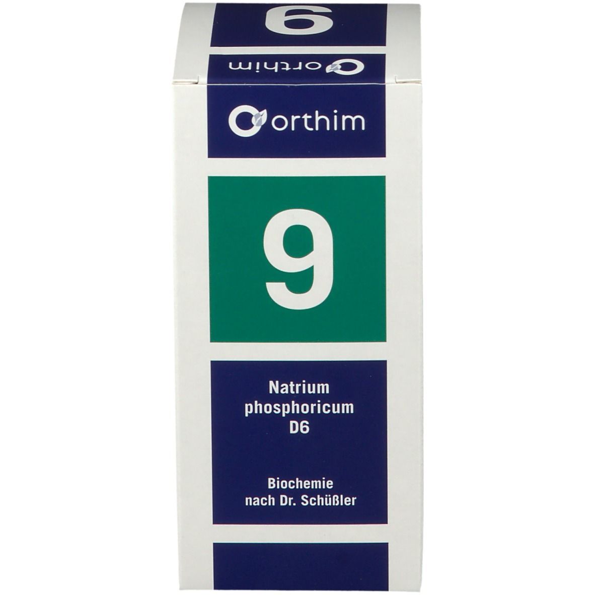 Produktverpackung, Schachtel. Vorderseite mit grünem "9" und Produktinformationen.