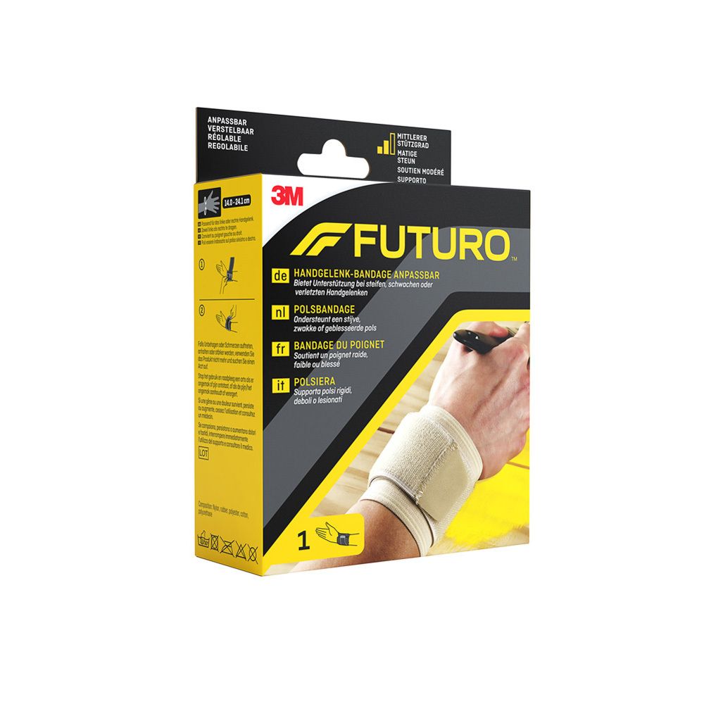 FUTURO Handgelenk-Bandage in Verpackung. Beige Bandage mit Klettverschluss. 3M Logo und Produktname sichtbar.