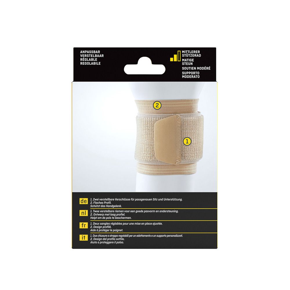 FUTURO Handgelenk-Bandage. Beige Bandage mit Klettverschluss. Detailansicht. Größenangabe: 14,0 - 24,0 cm.