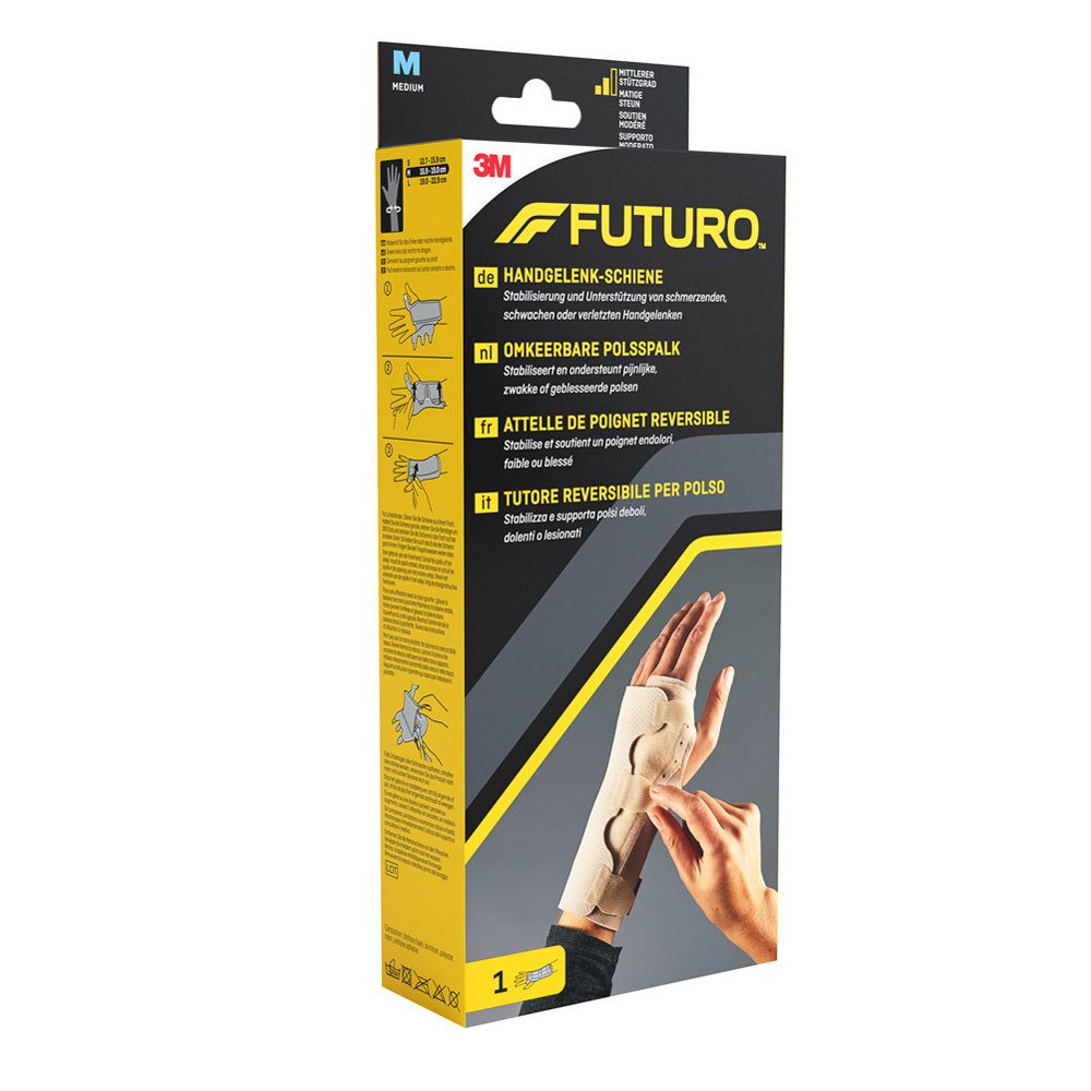 FUTURO™ Handgelenk-Schiene in Verpackung. Beige, mit Klettverschlüssen. Produktabbildung und Gebrauchsanweisung.