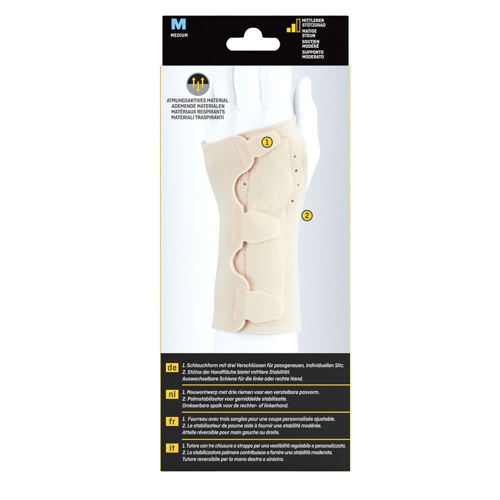 Rückseite der FUTURO™ Handgelenk-Schiene. Beige, mit Klettverschlüssen. Detailansicht der Innenseite.