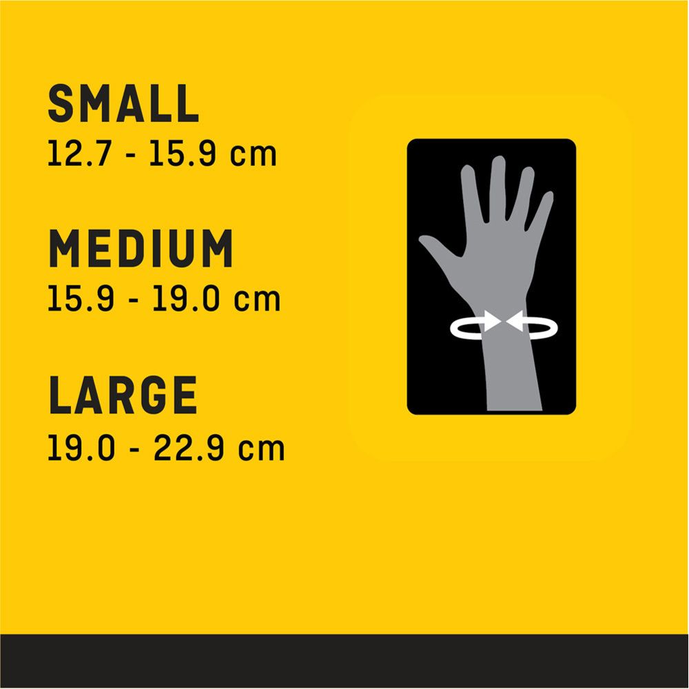 Gelbe Karte mit Größenangaben für Handgelenk-Schiene. Größen: Small, Medium, Large. Hand-Illustration.