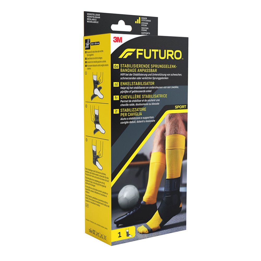 FUTURO Sport Deluxe Sprunggelenk-Bandage, Verpackung. Produktabbildung mit Bandage am Bein, Fußballschuh und Ball.