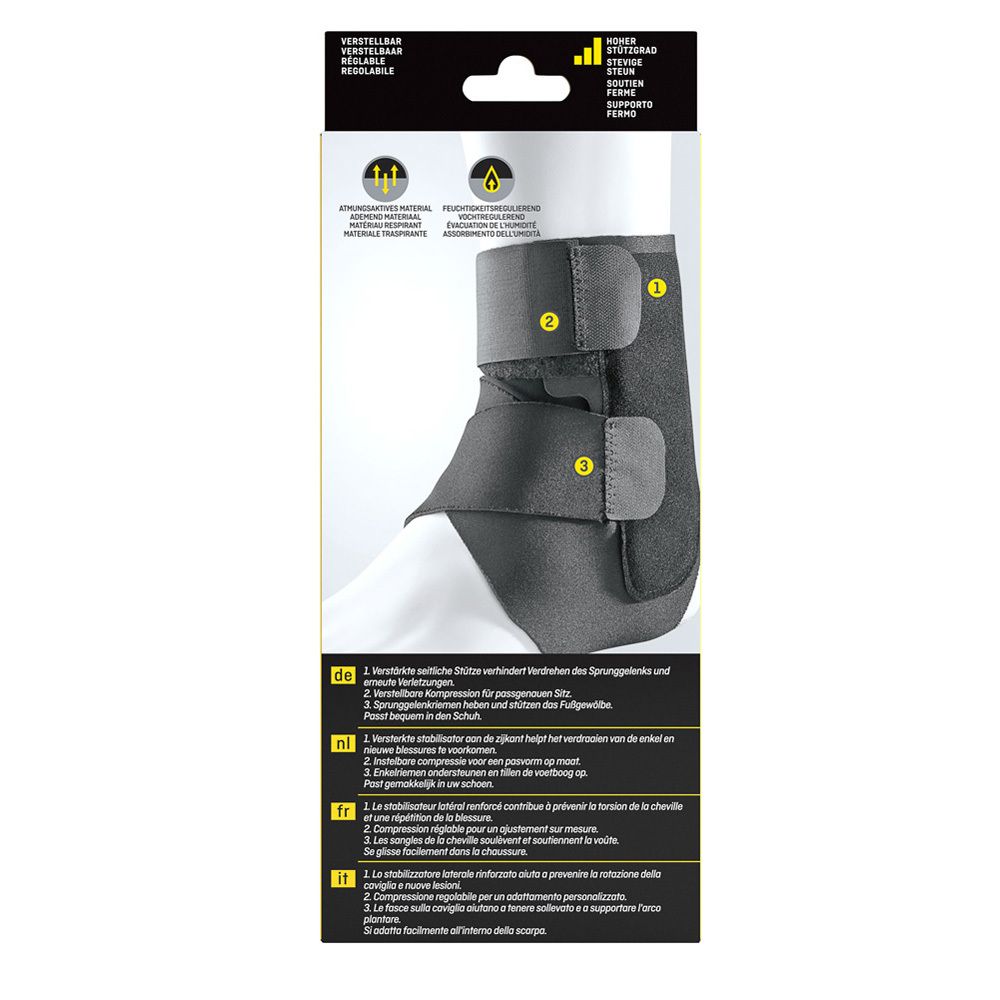 FUTURO Sport Deluxe Sprunggelenk-Bandage. Detailansicht der Bandage. Schwarzes Material mit Klettverschlüssen und Polsterung.