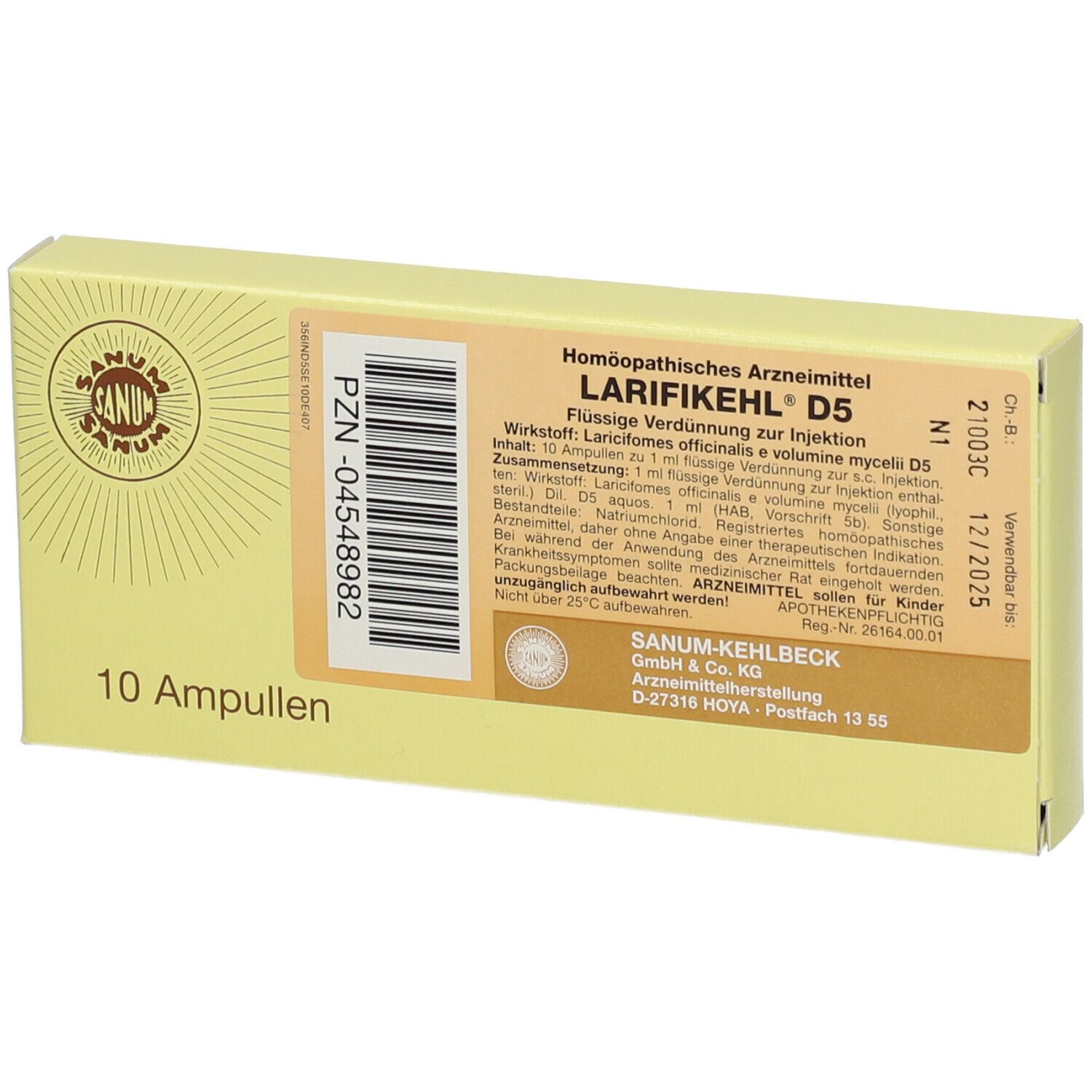 Gelbe Schachtel mit Aufdruck "Larifikehl D5" und "10 Ampullen". Text und Logo sind ebenfalls sichtbar. PZN-Nummer und Verfallsdatum.