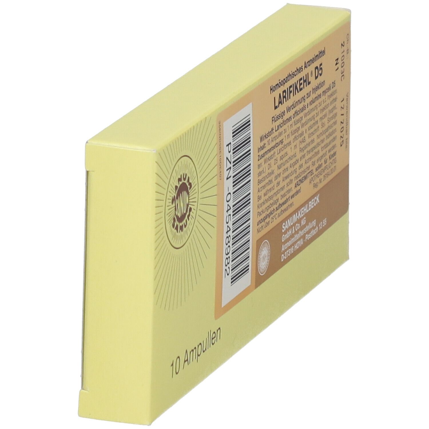 Gelbe Schachtel, schräg von der Seite gesehen. Aufdruck "Larifikehl D5" und "10 Ampullen" sichtbar. Text, Logo, PZN-Nummer und Verfallsdatum.