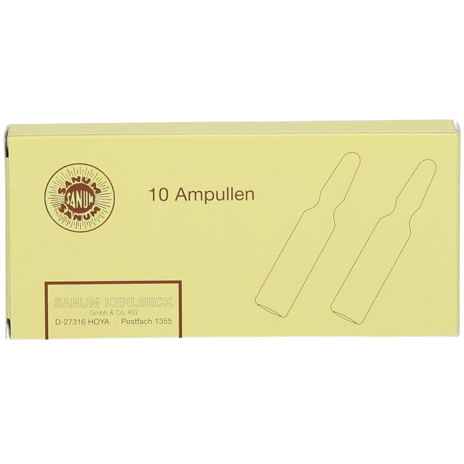 Gelbe Schachtel mit Aufdruck "10 Ampullen" und zwei Ampullen-Umrissen. Logo und Firmenname sind ebenfalls sichtbar.