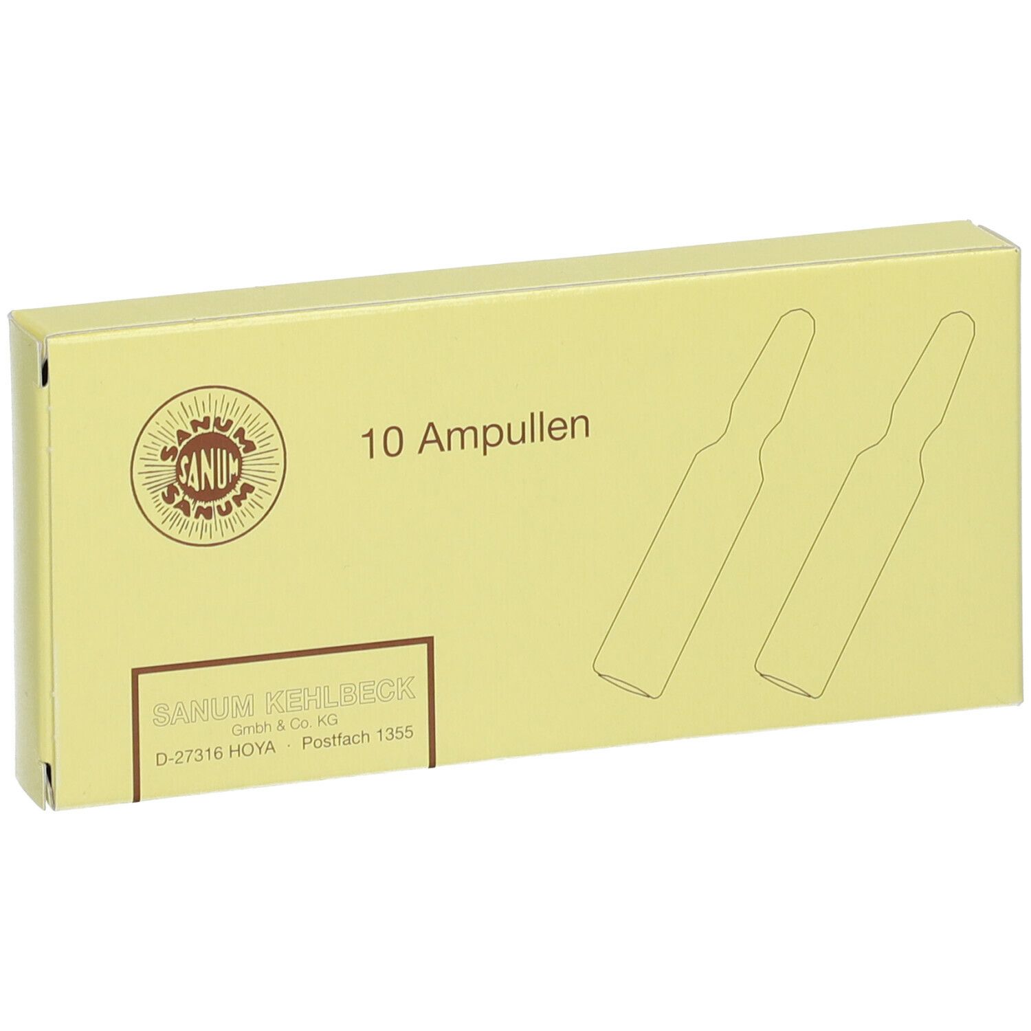 Gelbe Schachtel mit Aufdruck "10 Ampullen" und zwei Ampullen-Umrissen. Logo und Firmenname sind ebenfalls sichtbar.