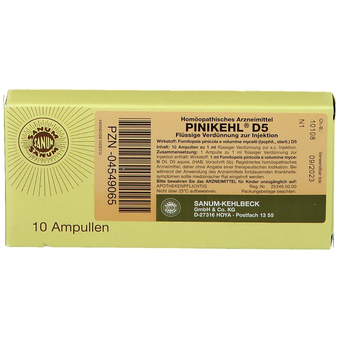 Schachtel mit "Pinikehl D5" Ampullen. Aufschrift: "10 Ampullen". Hersteller: Sanum-Kehlbeck.