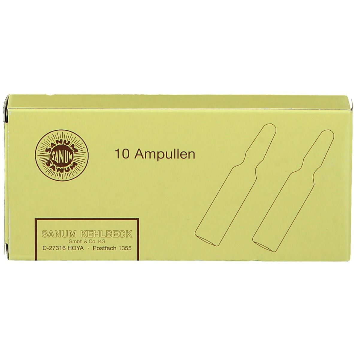 Gelbe Schachtel mit "10 Ampullen" Aufschrift. Sanum-Kehlbeck Logo und Ampullen-Umriss.