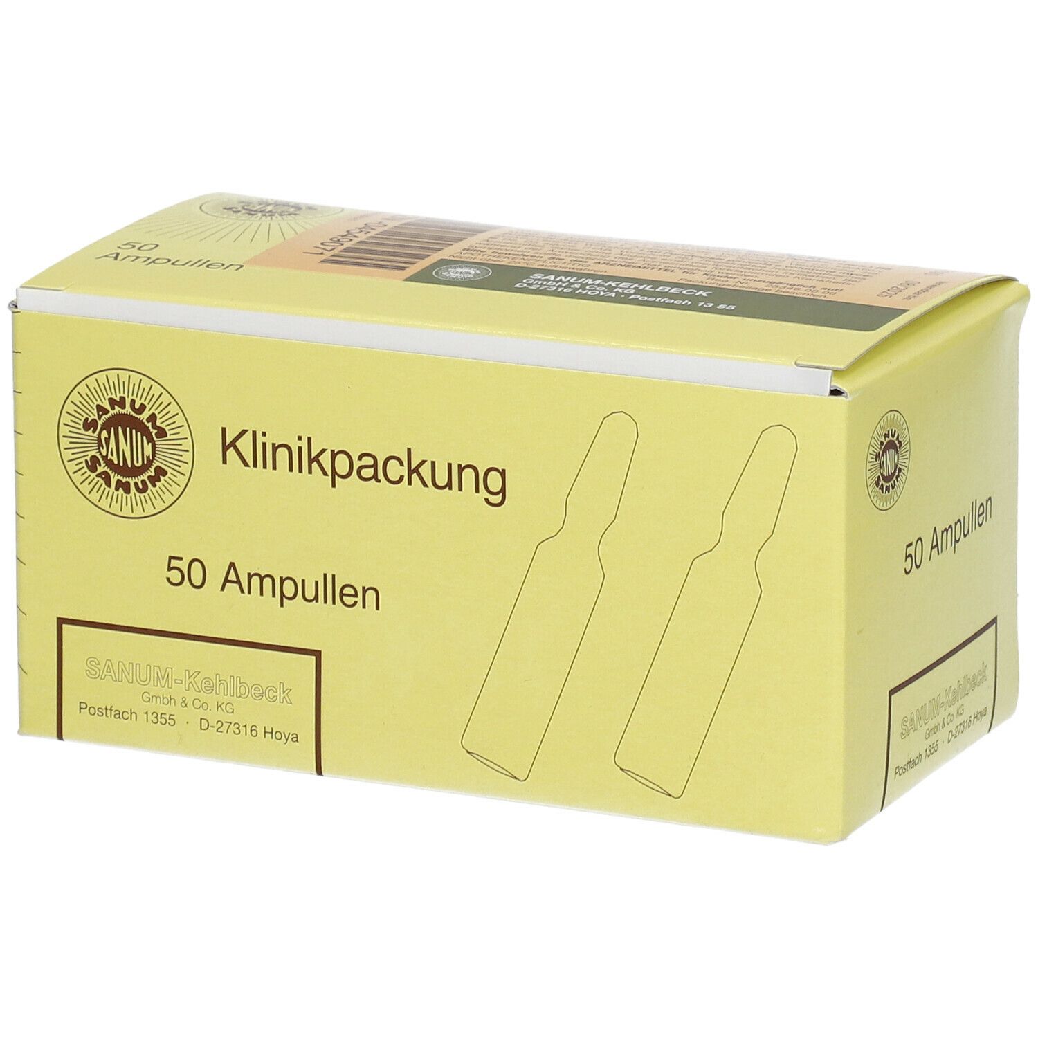 Gelbe Kartonverpackung mit Aufschrift "Klinikpackung 50 Ampullen". Logo und Ampullen-Illustrationen.