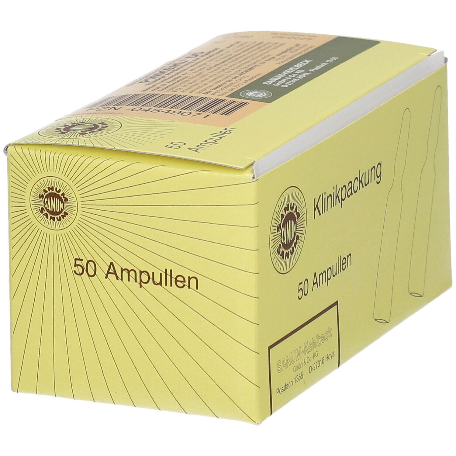 Gelbe Kartonverpackung mit Aufschrift "Klinikpackung 50 Ampullen". Logo und Ampullen-Illustrationen. Ansicht schräg.