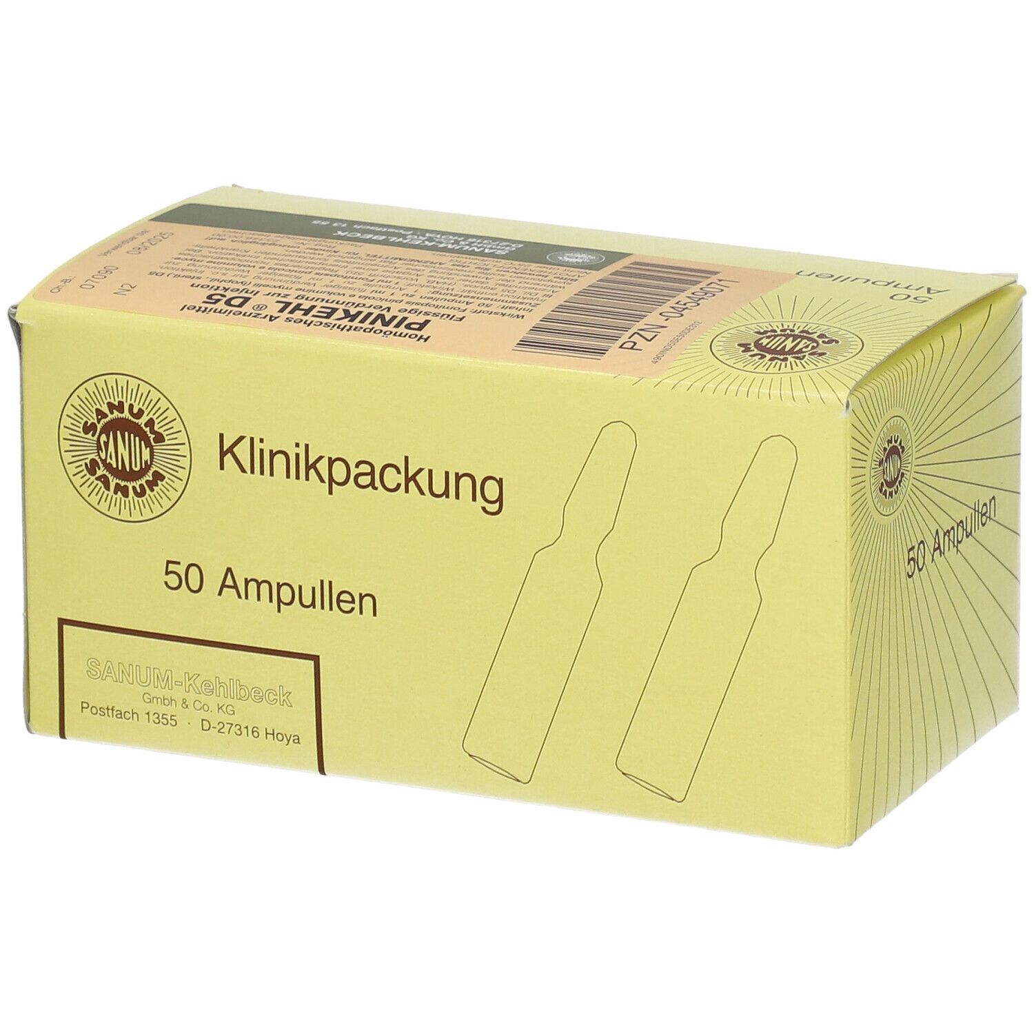 Gelbe Kartonverpackung mit Aufschrift "Klinikpackung 50 Ampullen". Logo und Ampullen-Illustrationen. Produktname sichtbar.