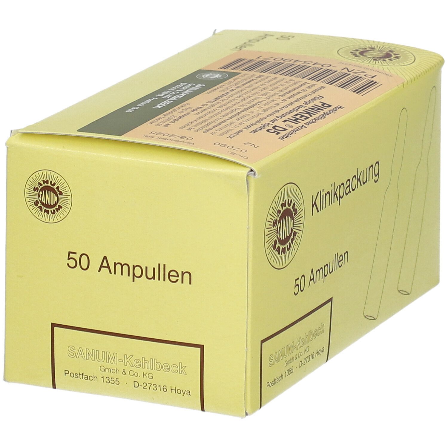 Gelbe Kartonverpackung mit Aufschrift "Klinikpackung 50 Ampullen". Logo und Ampullen-Illustrationen. Produktname sichtbar.