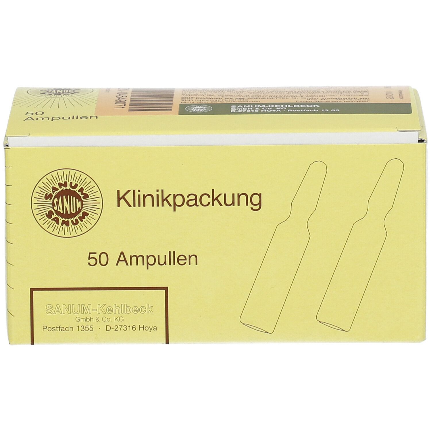 Gelbe Kartonverpackung mit Aufschrift "Klinikpackung 50 Ampullen". Logo und Ampullen-Illustrationen.