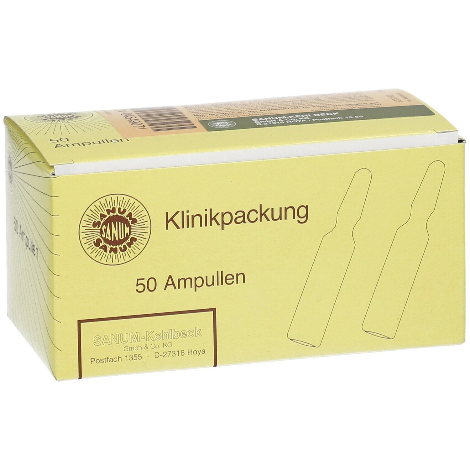 Gelbe Kartonverpackung mit Aufschrift "Klinikpackung 50 Ampullen". Logo und Ampullen-Illustrationen.