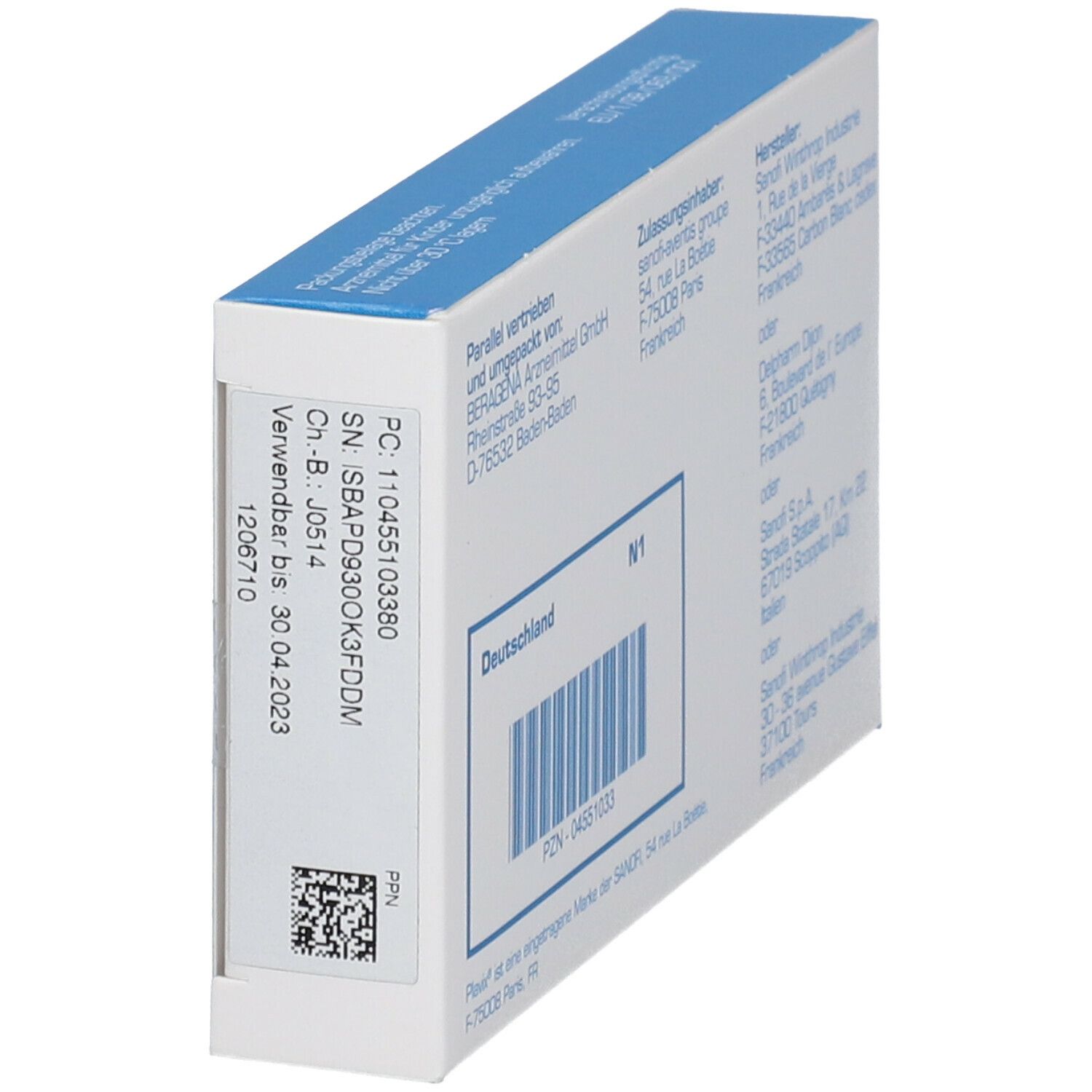 Schachtel "Plavix 75 mg" mit Barcode und Chargennummer. Hersteller- und Vertriebsinformationen.
