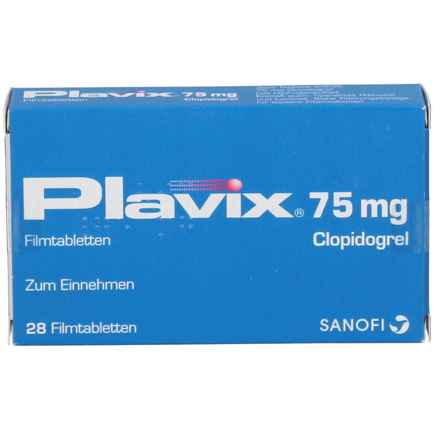 Blaue Schachtel "Plavix 75 mg". Enthält 28 Filmtabletten. Hersteller: Sanofi.