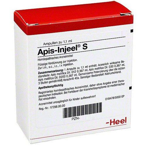 Weiße Schachtel mit rotem Deckel. Aufschrift: Apis-Injeel S, homöopathisches Arzneimittel. Enthält Informationen zur Zusammensetzung und Anwendung.