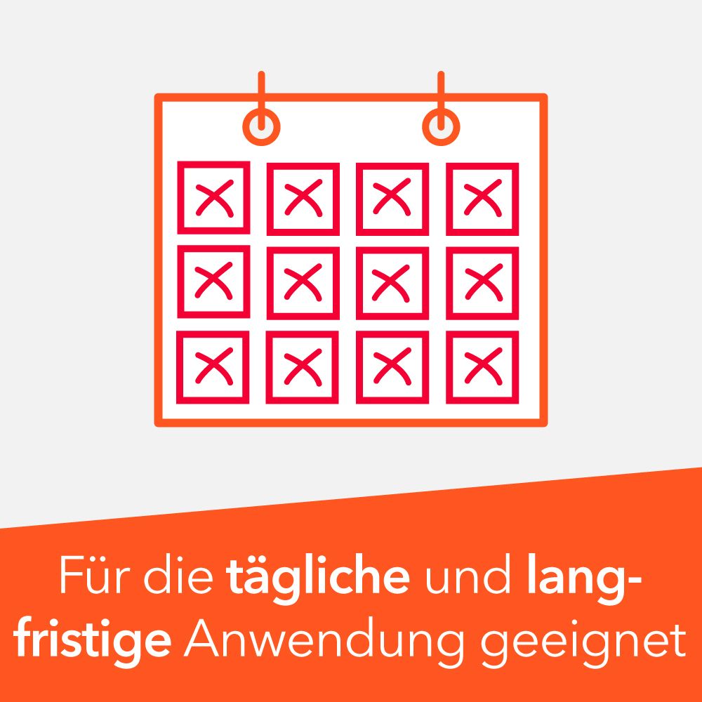 Kalender mit roten Kreuzen. Text: Für die tägliche und langfristige Anwendung geeignet.