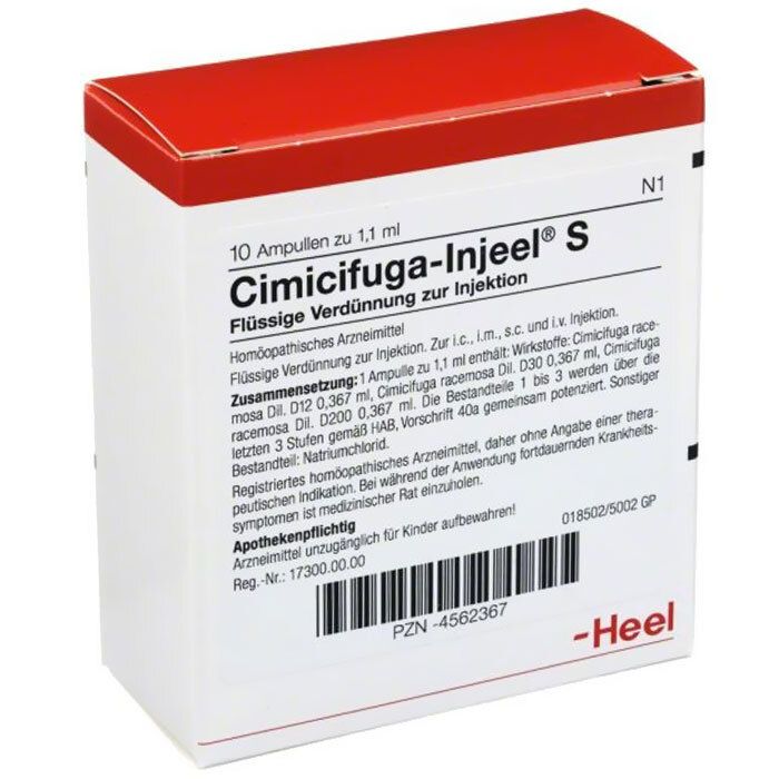 Verpackung von Cimicifuga-Injeel S Ampullen. Enthält 10 Ampullen. Rote und weiße Schachtel mit Produktinformationen.