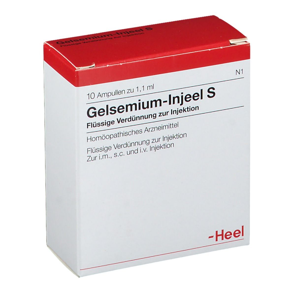 Karton mit rotem Deckel. Beschriftung: Gelsemium-Injeel S, 10 Ampullen. Marke: Heel.