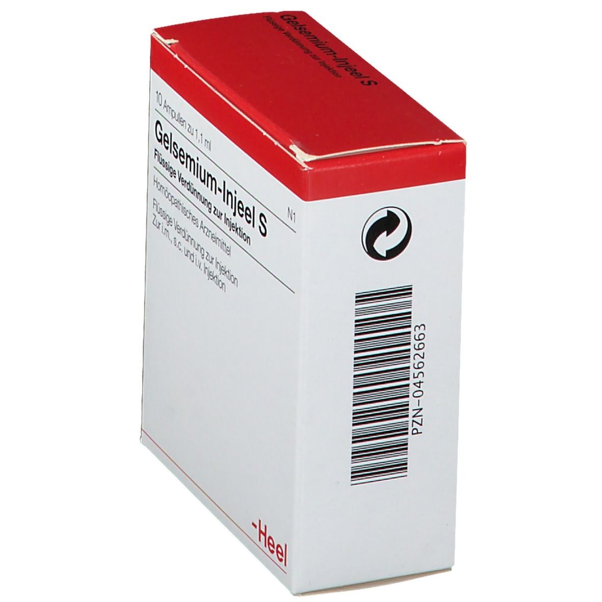 Karton mit rotem Deckel. Beschriftung: Gelsemium-Injeel S. Barcode und Recycling-Symbol. Marke: Heel.