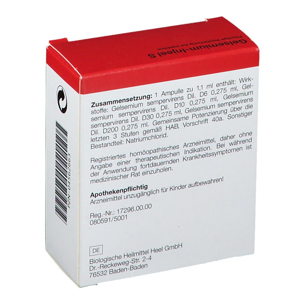 Rückseite des Kartons mit rotem Deckel. Text: Zusammensetzung, Apothekenpflichtig. Marke: Heel.