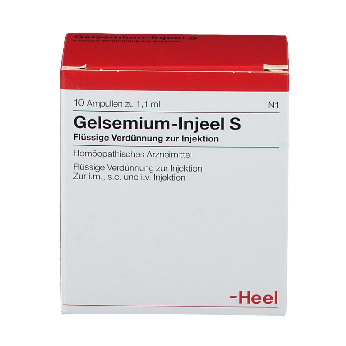 Karton mit rotem Deckel. Beschriftung: Gelsemium-Injeel S, 10 Ampullen. Marke: Heel.