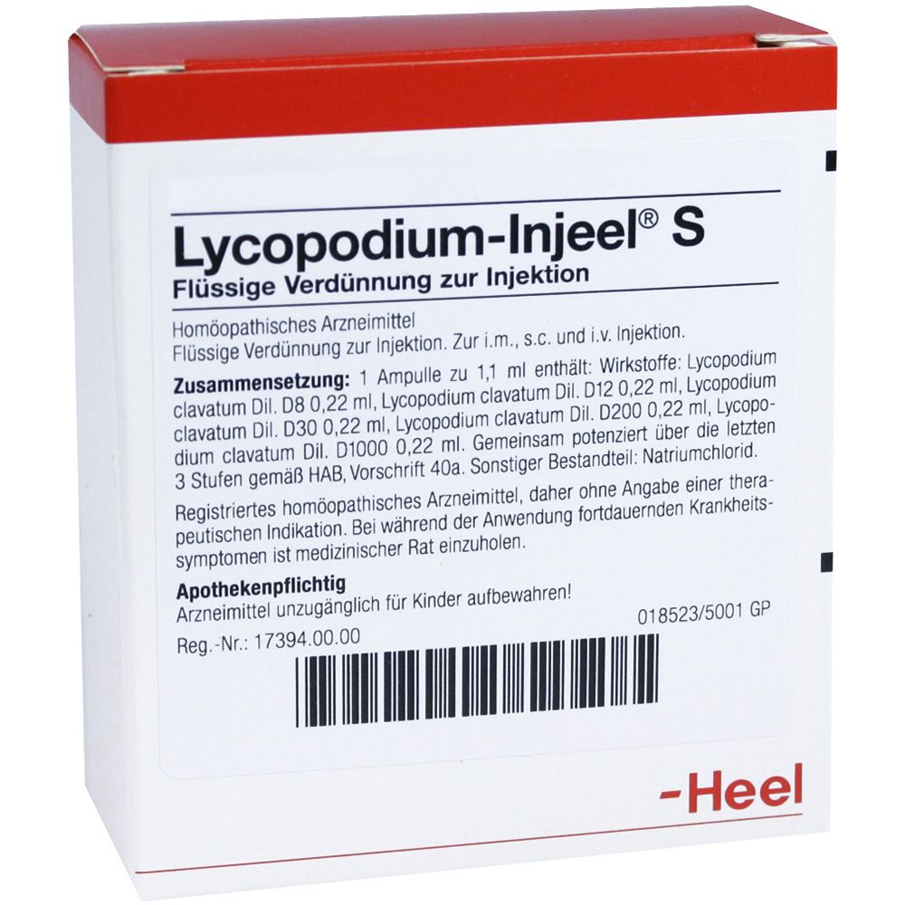 Karton mit Lycopodium-Injeel S. Aufschrift: Flüssige Verdünnung zur Injektion. Heel-Logo.