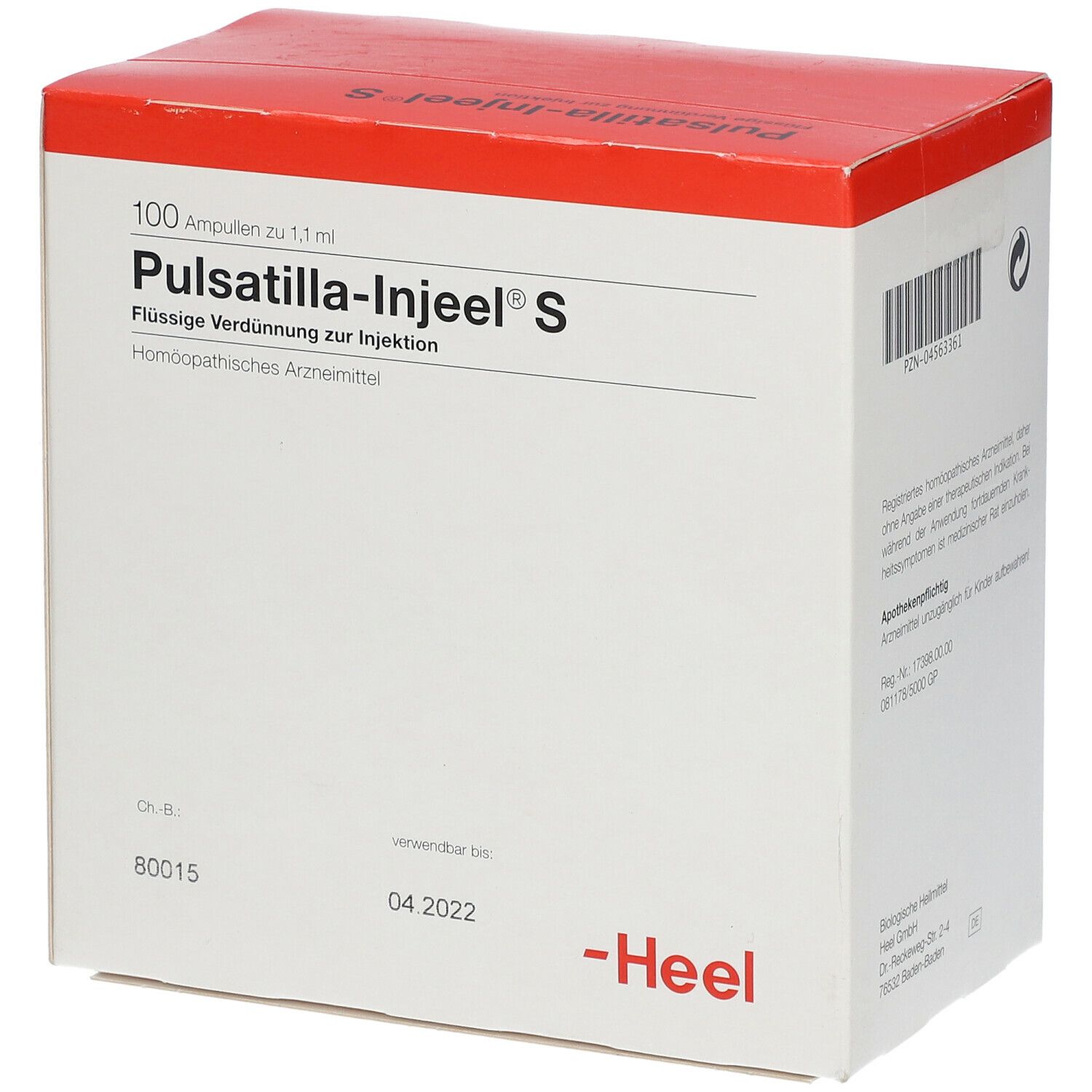 Karton Pulsatilla-Injeel S. Aufschrift: 100 Ampullen, flüssige Verdünnung zur Injektion. Verfallsdatum 04.2022. Marke Heel.