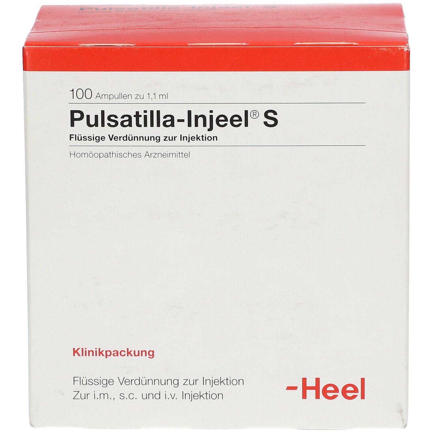 Karton Pulsatilla-Injeel S. Aufschrift: 100 Ampullen, flüssige Verdünnung zur Injektion. Marke Heel. Klinikpackung.