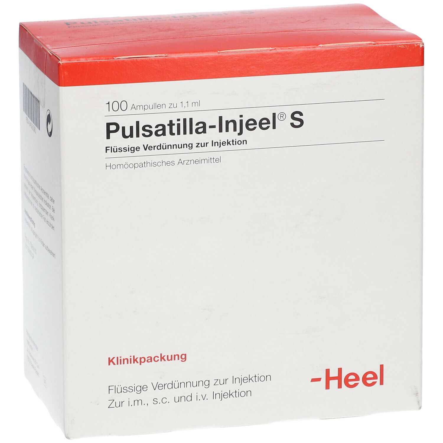 Karton Pulsatilla-Injeel S. Aufschrift: 100 Ampullen, flüssige Verdünnung zur Injektion. Marke Heel. Detailansicht.