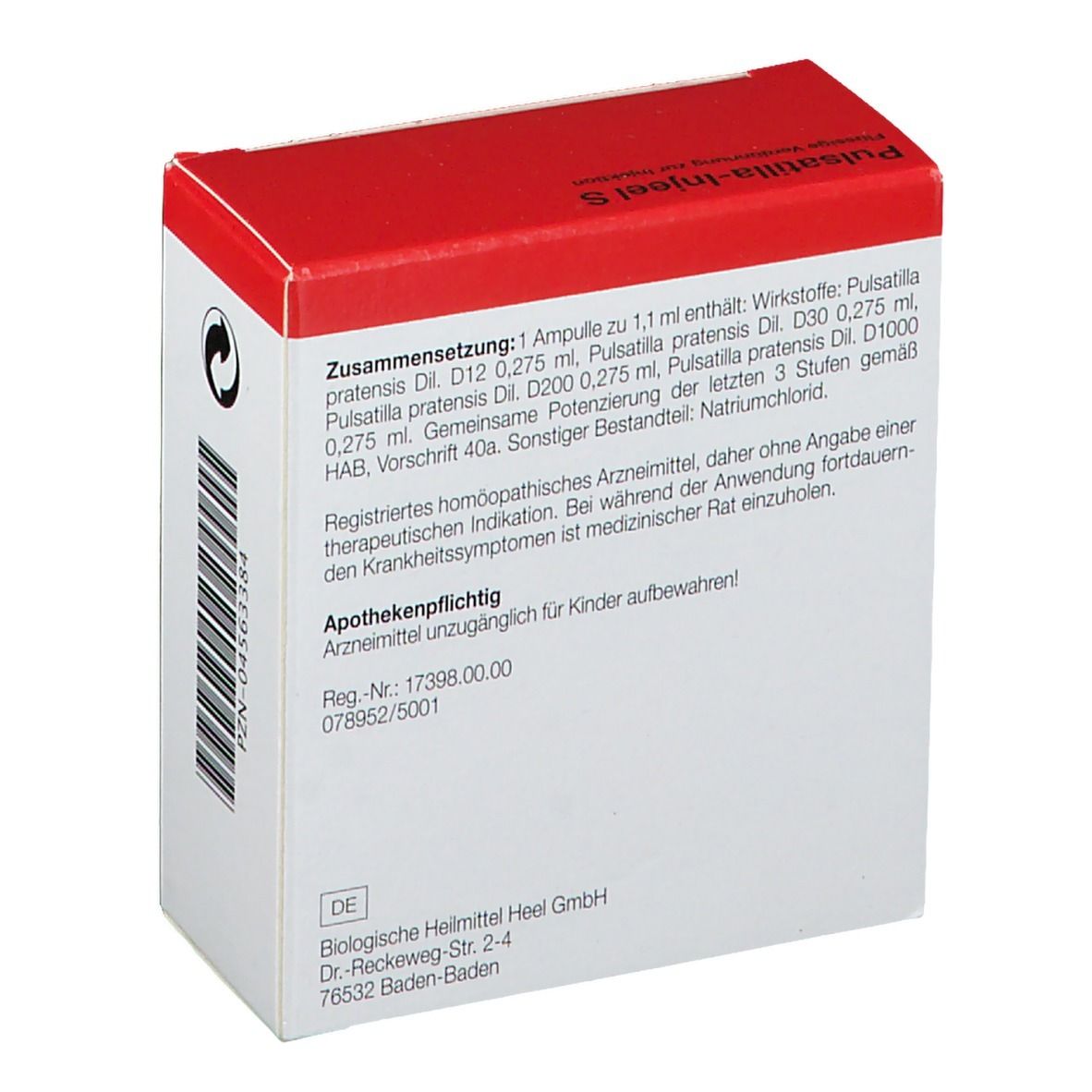 Weiße Schachtel mit rotem Deckel. Rückseite mit Text. Inhaltsstoffe, Dosierung, Warnhinweise. Marke: Heel.