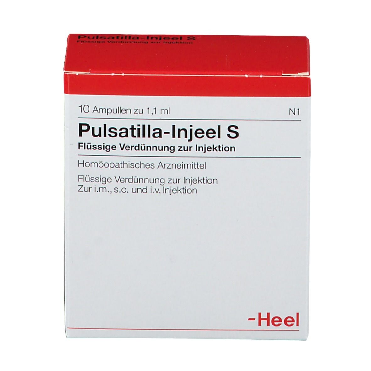 Weiße Schachtel mit rotem Deckel. Aufschrift: Pulsatilla-Injeel S. 10 Ampullen. Homöopathisches Arzneimittel. Marke: Heel.