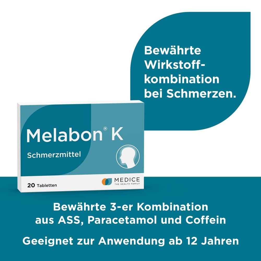 Melabon K-Packung, 20 Tabletten. Text: Bewährte Wirkstoffkombination bei Schmerzen. Blau.