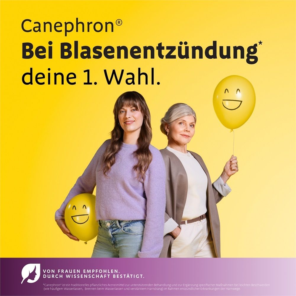 Zwei Frauen mit gelben Ballons, eine hält eine Canephron® N Packung. Text: 'Bei Blasenentzündung deine 1. Wahl.'