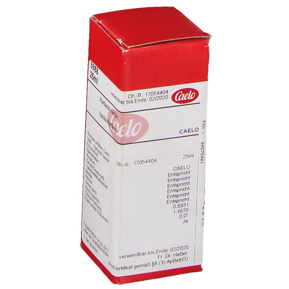 Rote Kartonverpackung mit Text: Caelo, 25ml, Parfümöl Vanille. Text: verwendbar bis Ende 02/2020.