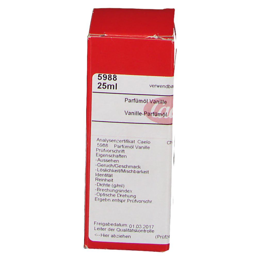 Rote Kartonverpackung mit Text: Parfümöl Vanille, 25ml. Text: Caelo. Text: Analysenzertifikat.